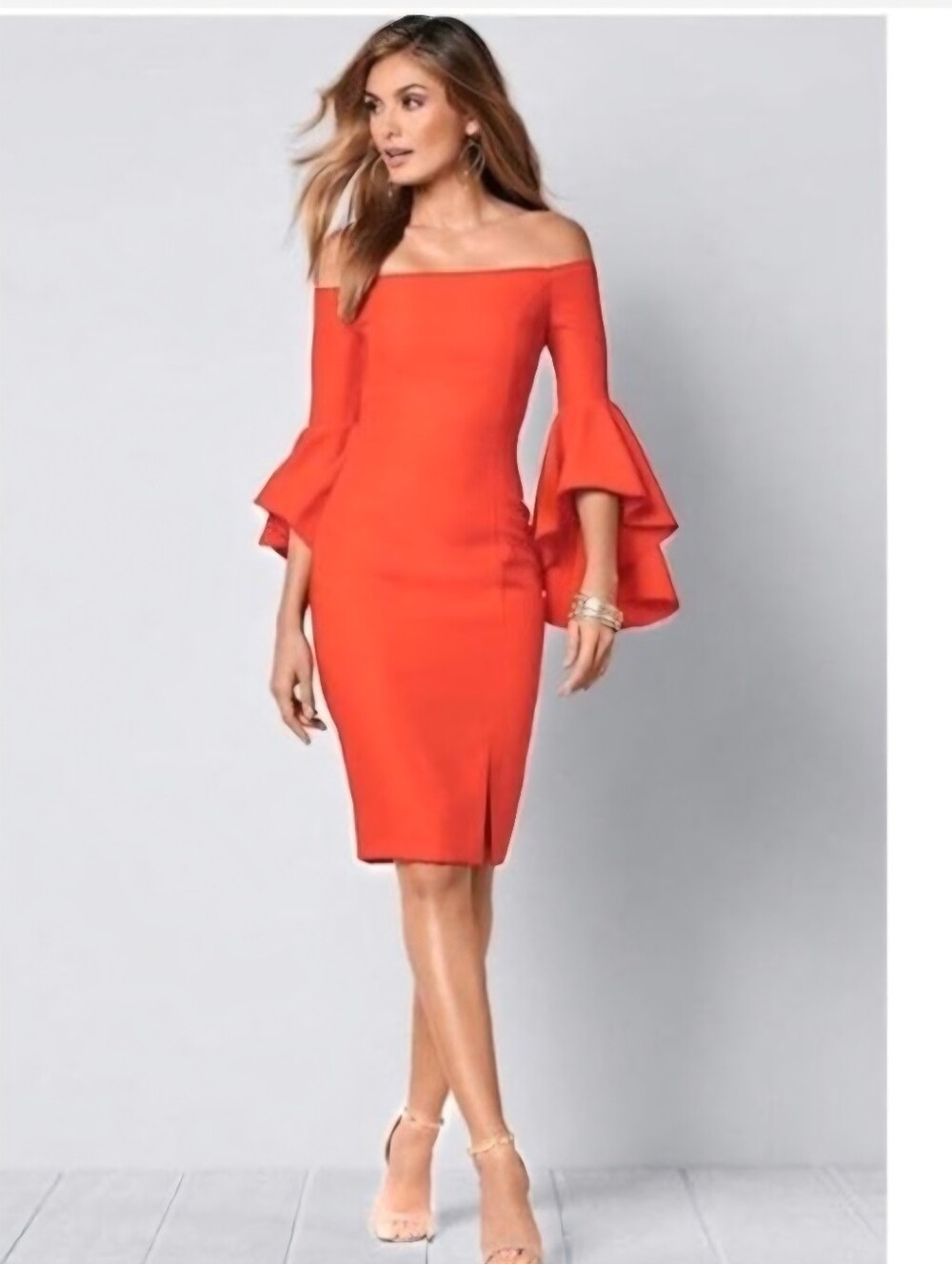 Venus Off-Shoulder Ruffled Bell-Sleeve Sheath Dress, Size 16, RN#129406